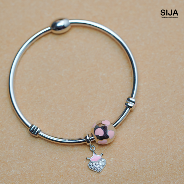 Crown Heart Charm - 925 Silver Women Bracelet