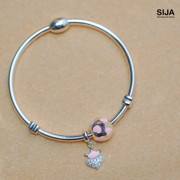 Crown Heart Charm - 925 Silver Women Bracelet
