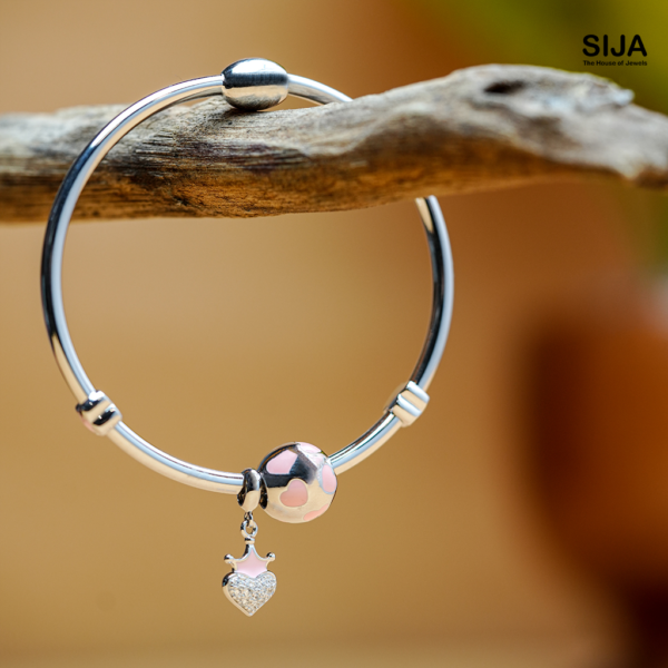 Crown Heart Charm - 925 Silver Women Bracelet