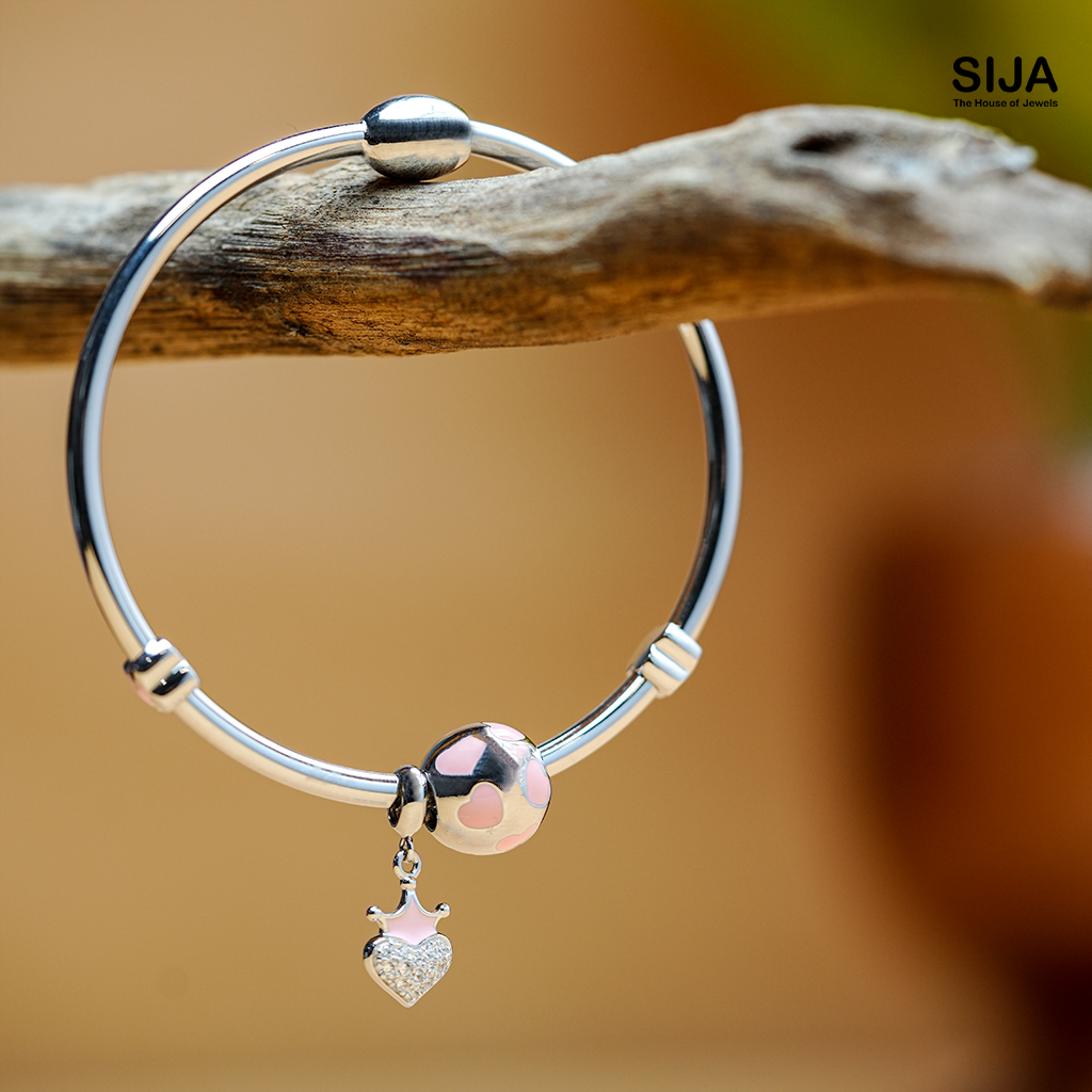 Crown Heart Charm - 925 Silver Women Bracelet